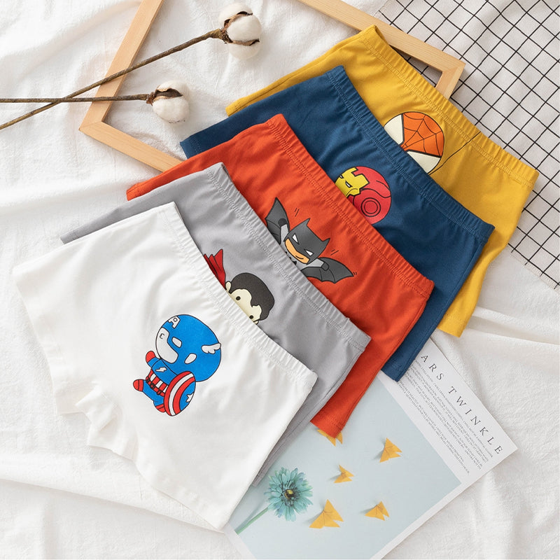 Kids 5in1 High Quality Boy Cotton Underwear Cute Super Hero Cartoon Designs Boxer for Boys 3-12Y