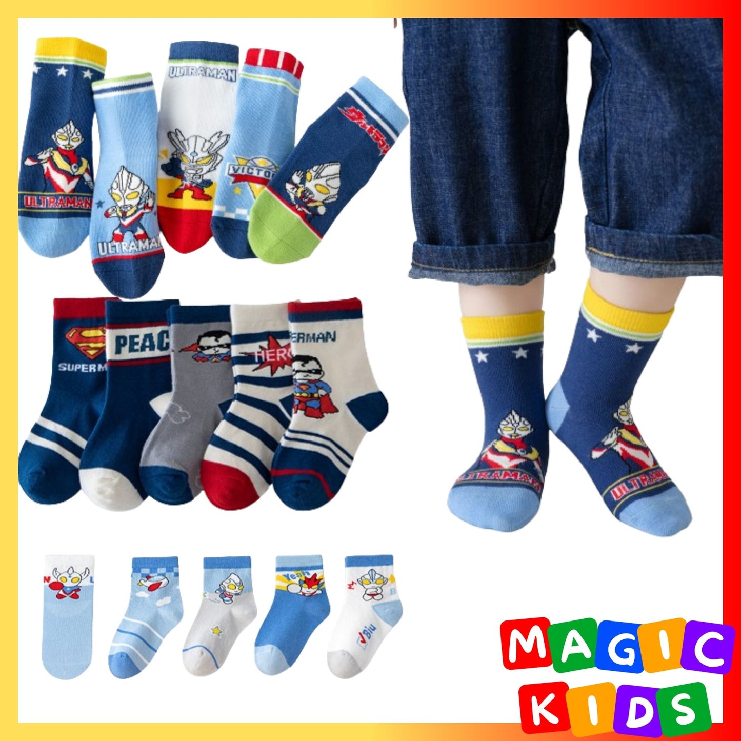 Kids Socks 5in1 High Quality Cotton Ultraman Superman Cartoon Fashion Socks for Boy Girl 1-12Y