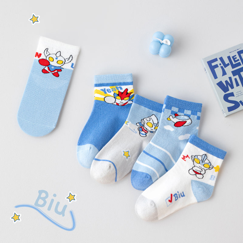 Kids Socks 5in1 High Quality Cotton Ultraman Superman Cartoon Fashion Socks for Boy Girl 1-12Y