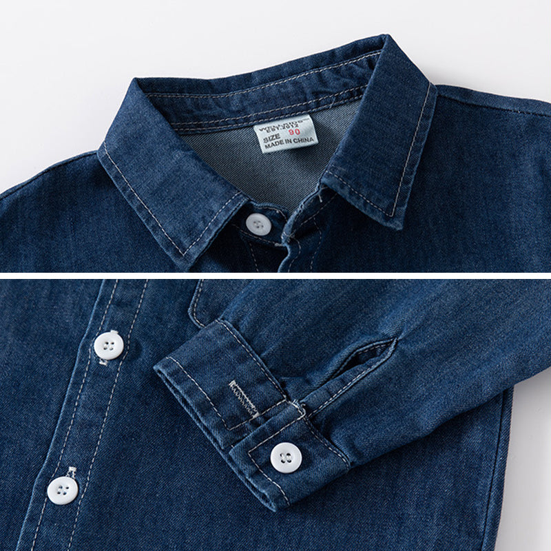 Kids Denim Shirts Solid Blue Casual Long Sleeve Pocket Cowboy Outfits for Boy 2-8Y