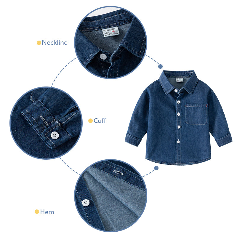 Kids Denim Shirts Solid Blue Casual Long Sleeve Pocket Cowboy Outfits for Boy 2-8Y
