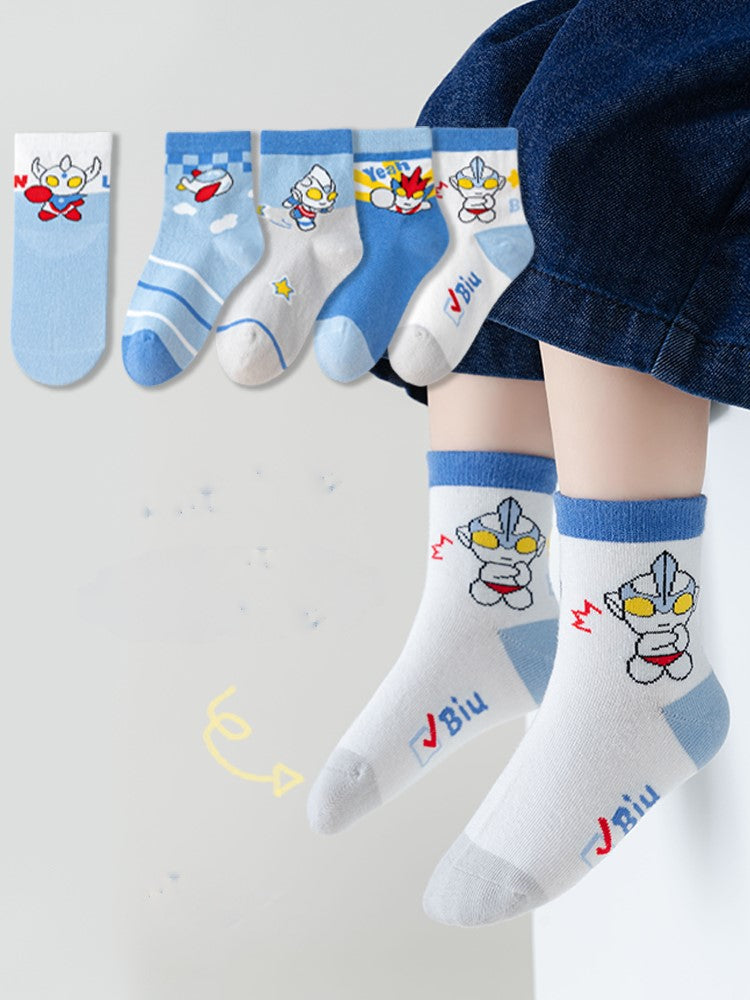 Kids Socks 5in1 High Quality Cotton Ultraman Superman Cartoon Fashion Socks for Boy Girl 1-12Y