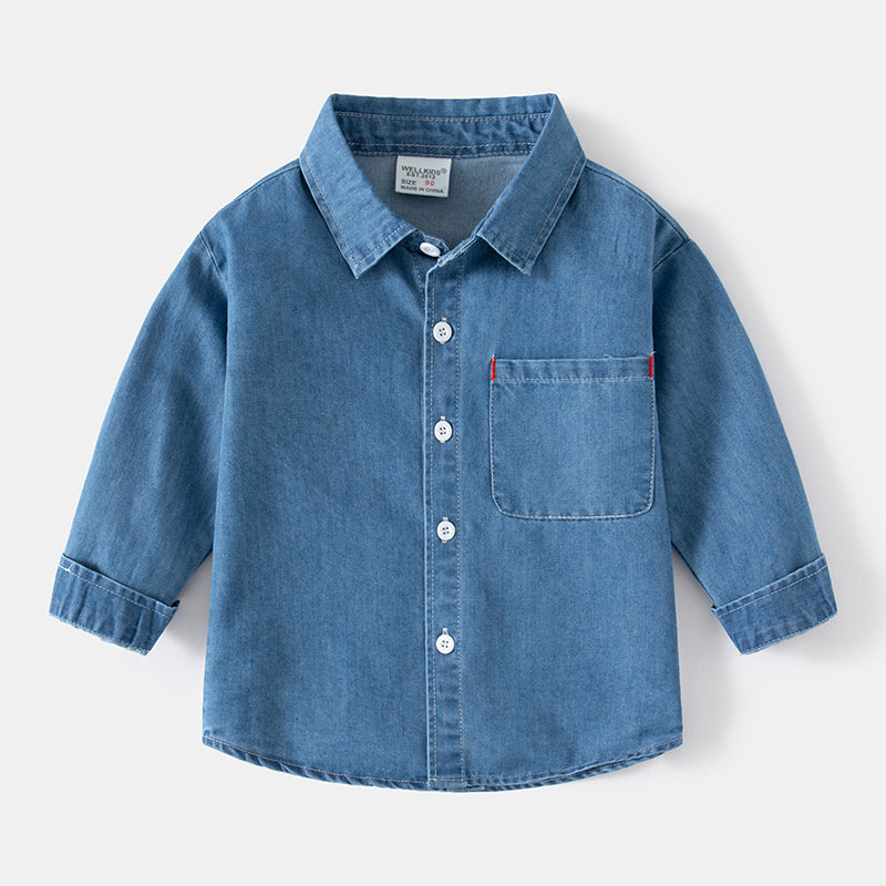 Kids Denim Shirts Solid Blue Casual Long Sleeve Pocket Cowboy Outfits for Boy 2-8Y