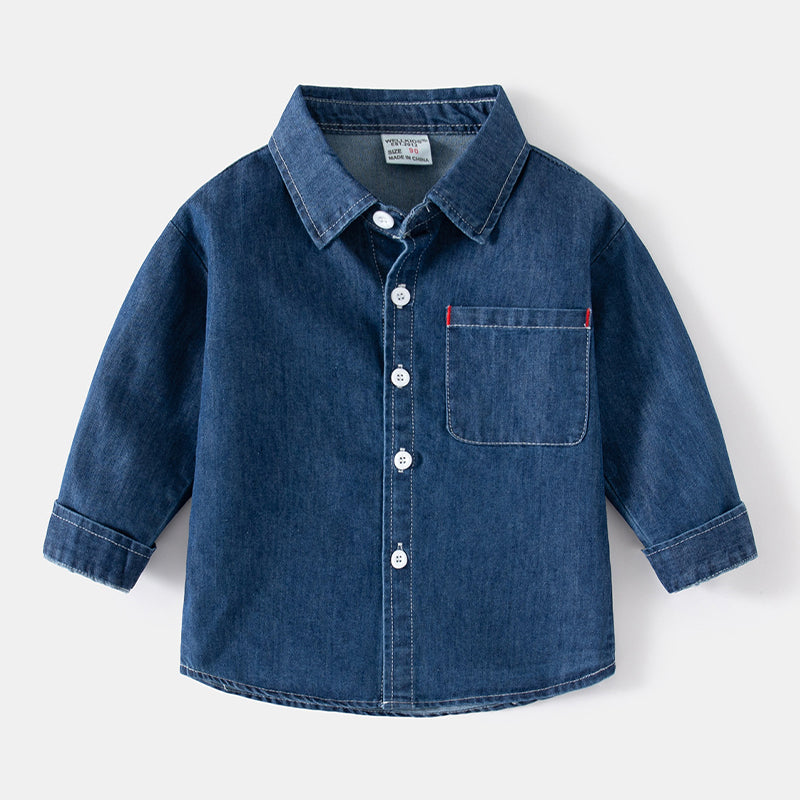 Kids Denim Shirts Solid Blue Casual Long Sleeve Pocket Cowboy Outfits for Boy 2-8Y