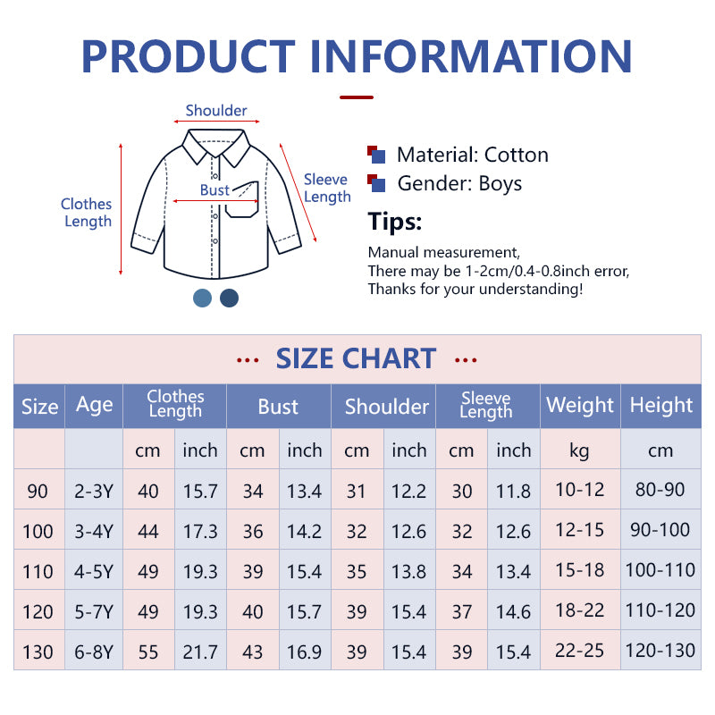 Kids Denim Shirts Solid Blue Casual Long Sleeve Pocket Cowboy Outfits for Boy 2-8Y
