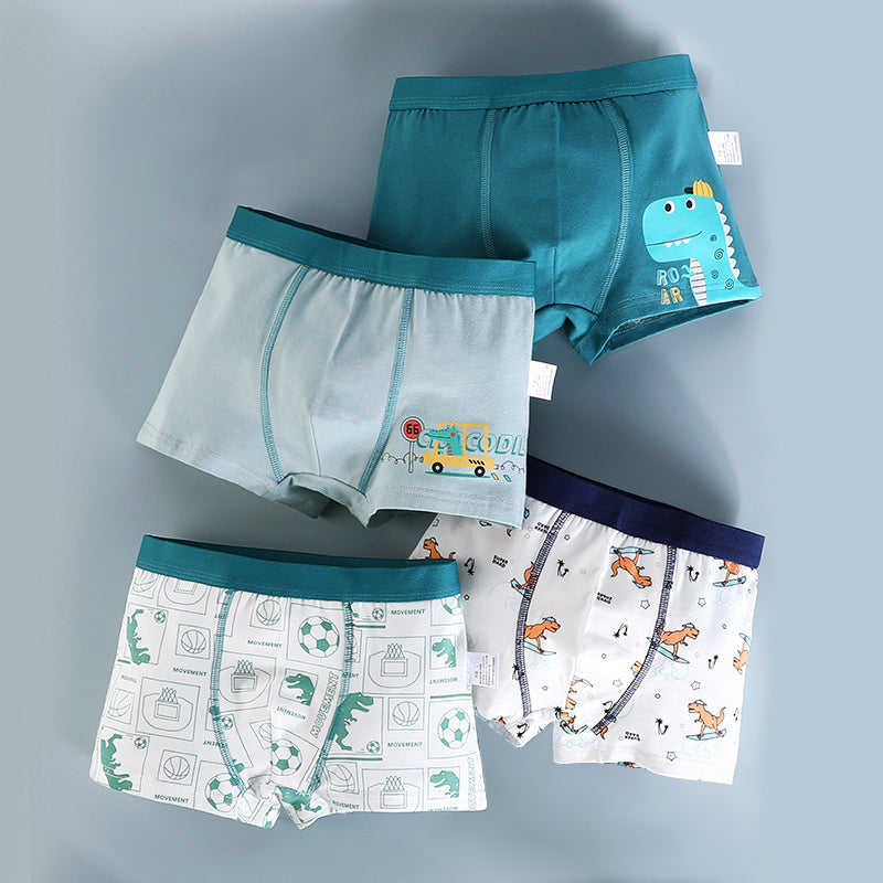 Kids 4 Pcs Boxer Underwear Soft Shorts Cartoon Dinosaur Animal Print for Boy 1-13Y