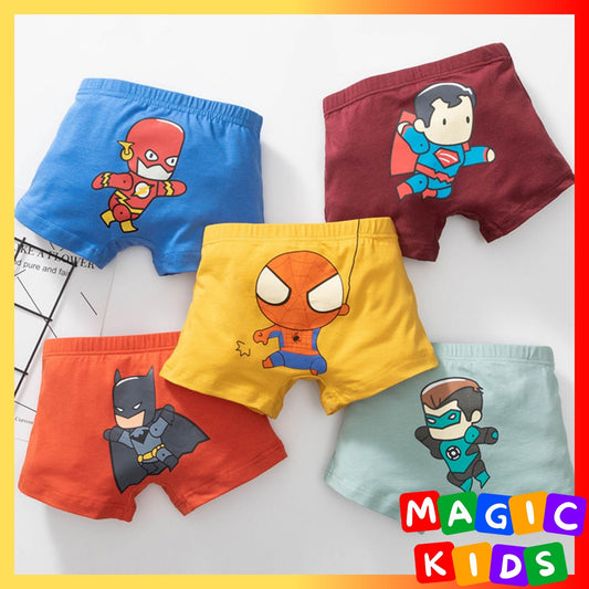 Kids 5in1 High Quality Boy Cotton Underwear Cute Super Hero Cartoon Designs Boxer for Boys 3-12Y