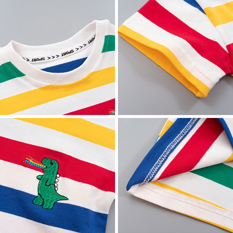 Kids Cotton Short-Sleeved Tshirt Colorful Stripes Korean Style Casual Fashion Set for Boy Girl 1-8Y