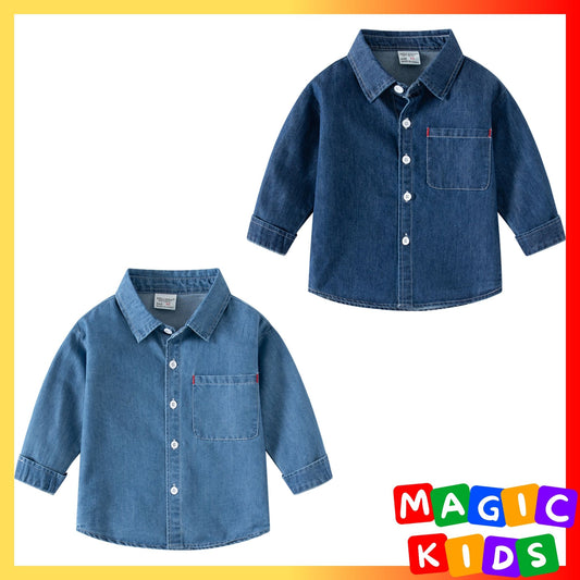 Kids Denim Shirts Solid Blue Casual Long Sleeve Pocket Cowboy Outfits for Boy 2-8Y