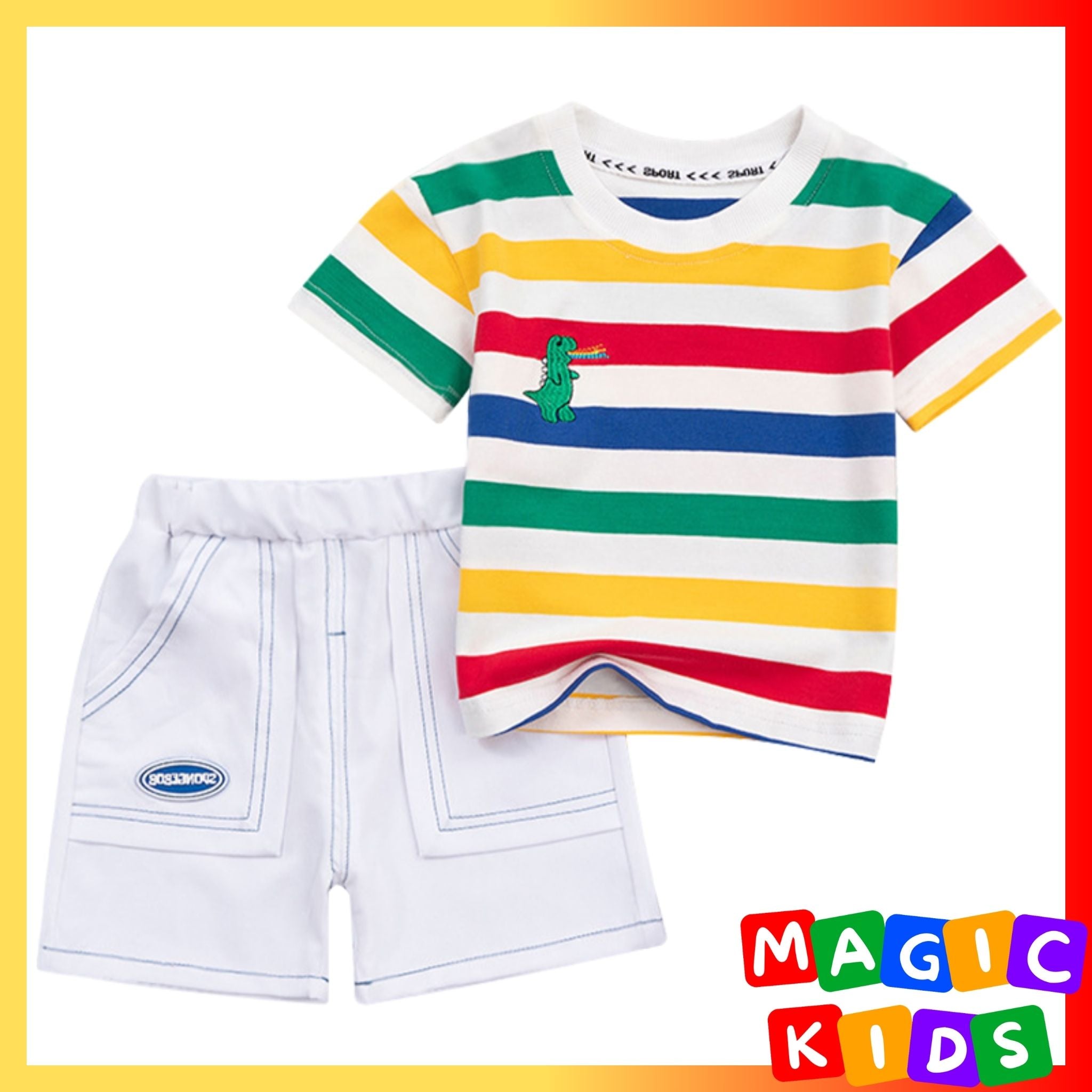 Kids Cotton Short-Sleeved Tshirt Colorful Stripes Korean Style Casual Fashion Set for Boy Girl 1-8Y