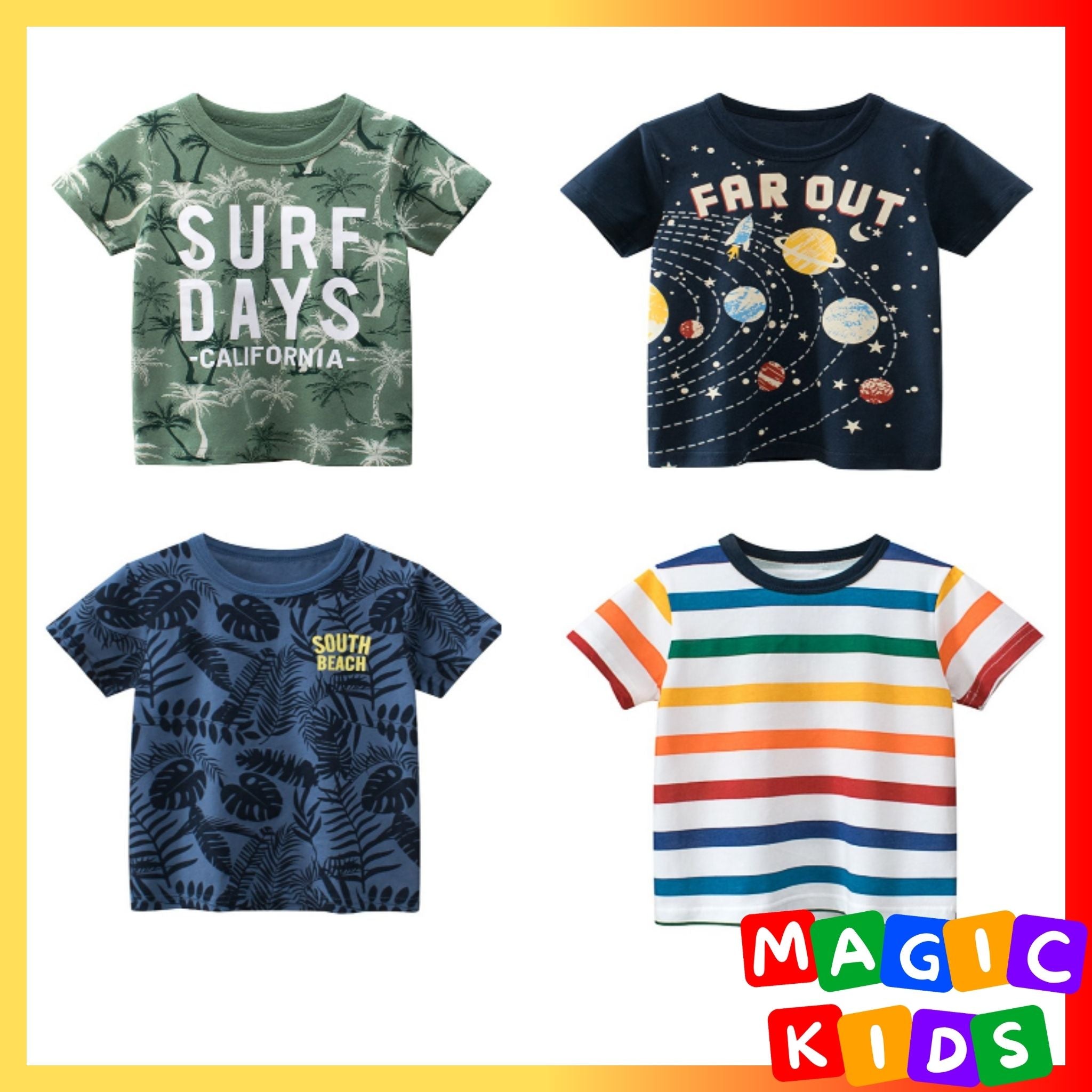 Kids Summer T-Shirts Cute Cartoon Cotton Tops Beach T-Shirts Surf Print Clothing for Boys 2-8Y