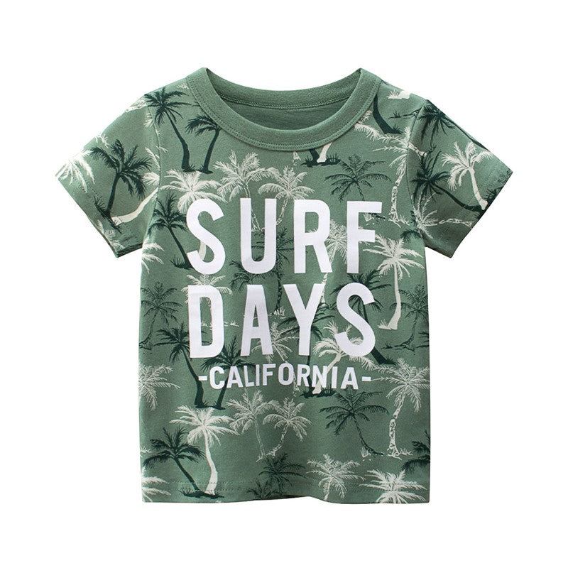 Kids Summer T-Shirts Cute Cartoon Cotton Tops Beach T-Shirts Surf Print Clothing for Boys 2-8Y