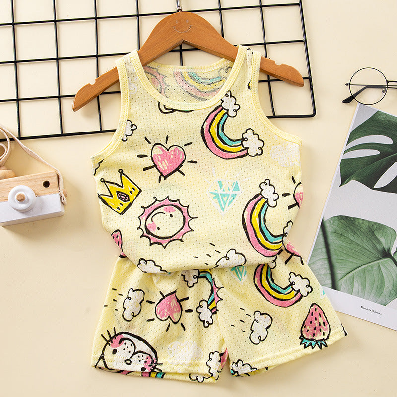 Kids Terno Summer Breathable Sleeveless Clothing Cotton Nightwear Vest+Pants for Boys Girls 1-9Y