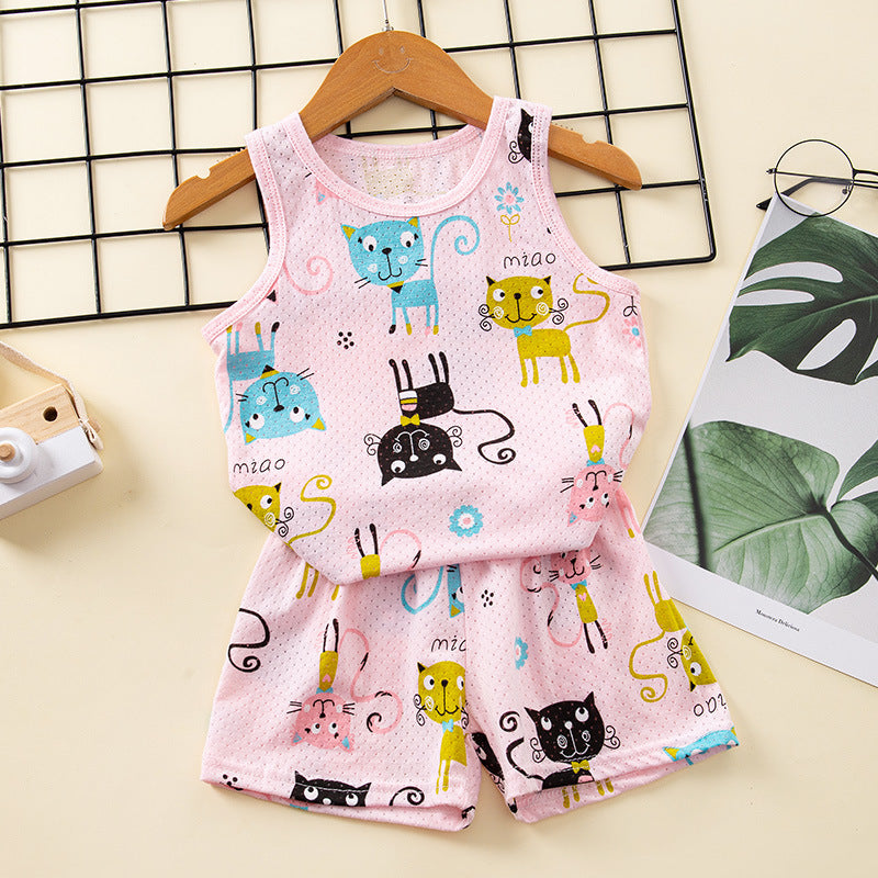 Kids Terno Summer Breathable Sleeveless Clothing Cotton Nightwear Vest+Pants for Boys Girls 1-9Y