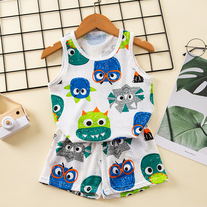 Kids Terno Summer Breathable Sleeveless Clothing Cotton Nightwear Vest+Pants for Boys Girls 1-9Y