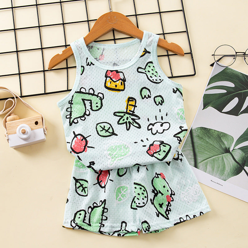 Kids Terno Summer Breathable Sleeveless Clothing Cotton Nightwear Vest+Pants for Boys Girls 1-9Y
