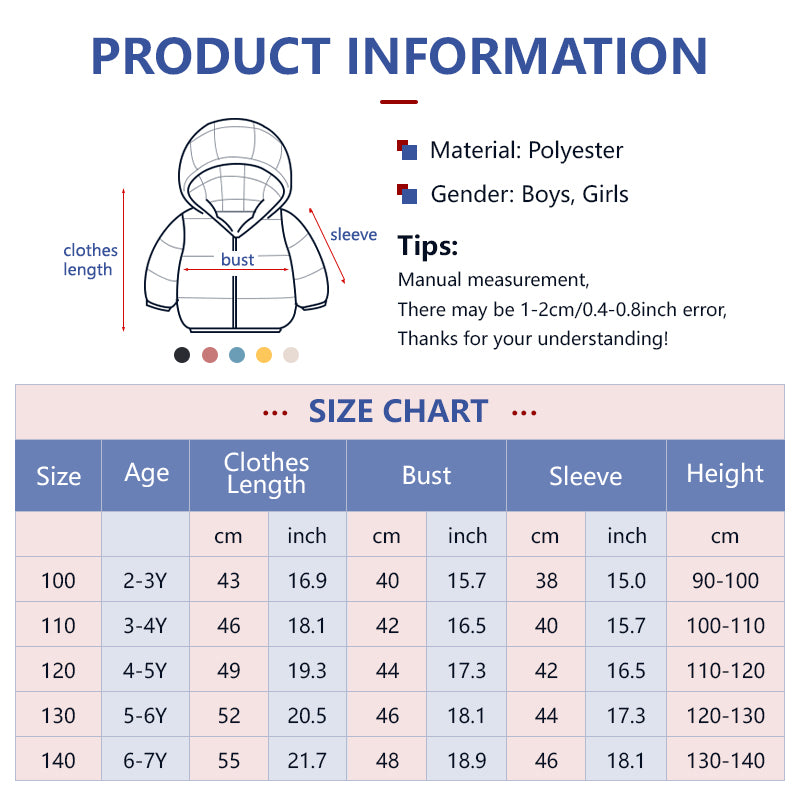 Kids Hoodie Winter Coats Plain Design Zipper Outerwear Hoodie Windproof Coat for Boys Girls 2-7Y