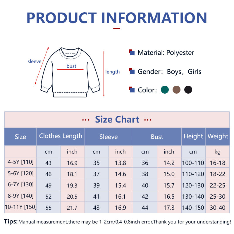 Kids Sweatshirts Long Sleeve Outerwear Warm Korean Casual Style Pullover Tops for Boy Girl 4-11Y